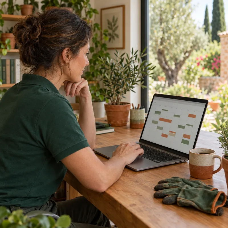 La dueña de una empresa de jardinería revisa la planificación del mes en el portátil